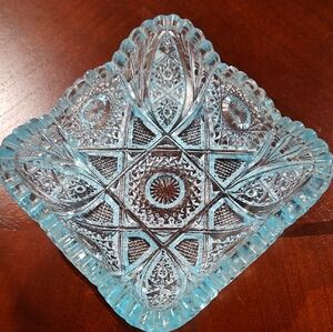 Vintage EAPG Imperial Glass Nucut Ice Blue Square Bowl with Sawtooth Edge